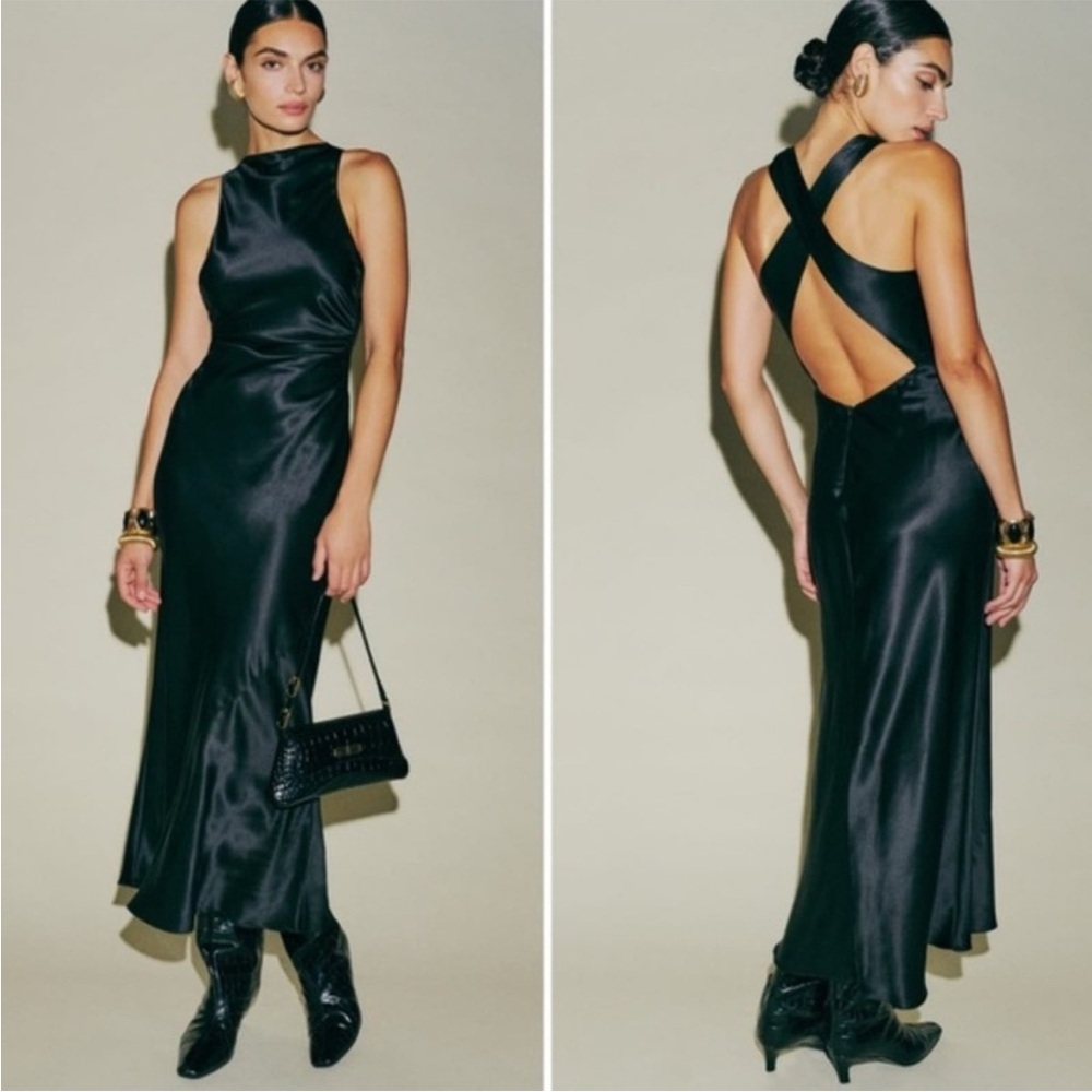 NWT House of Harlow black satin cut out cross back maxi dress Sz L Minimalist